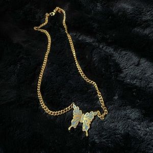 Gold necklace blue butterfly necklace